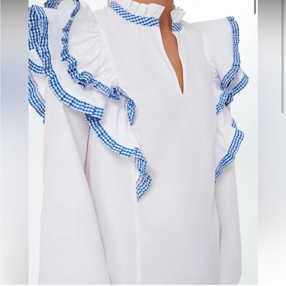 Hyacinth House Blue White Long Gingham Trim Sleeve Ruffle Blouse. Small. NWT. - Picture 6 of 14